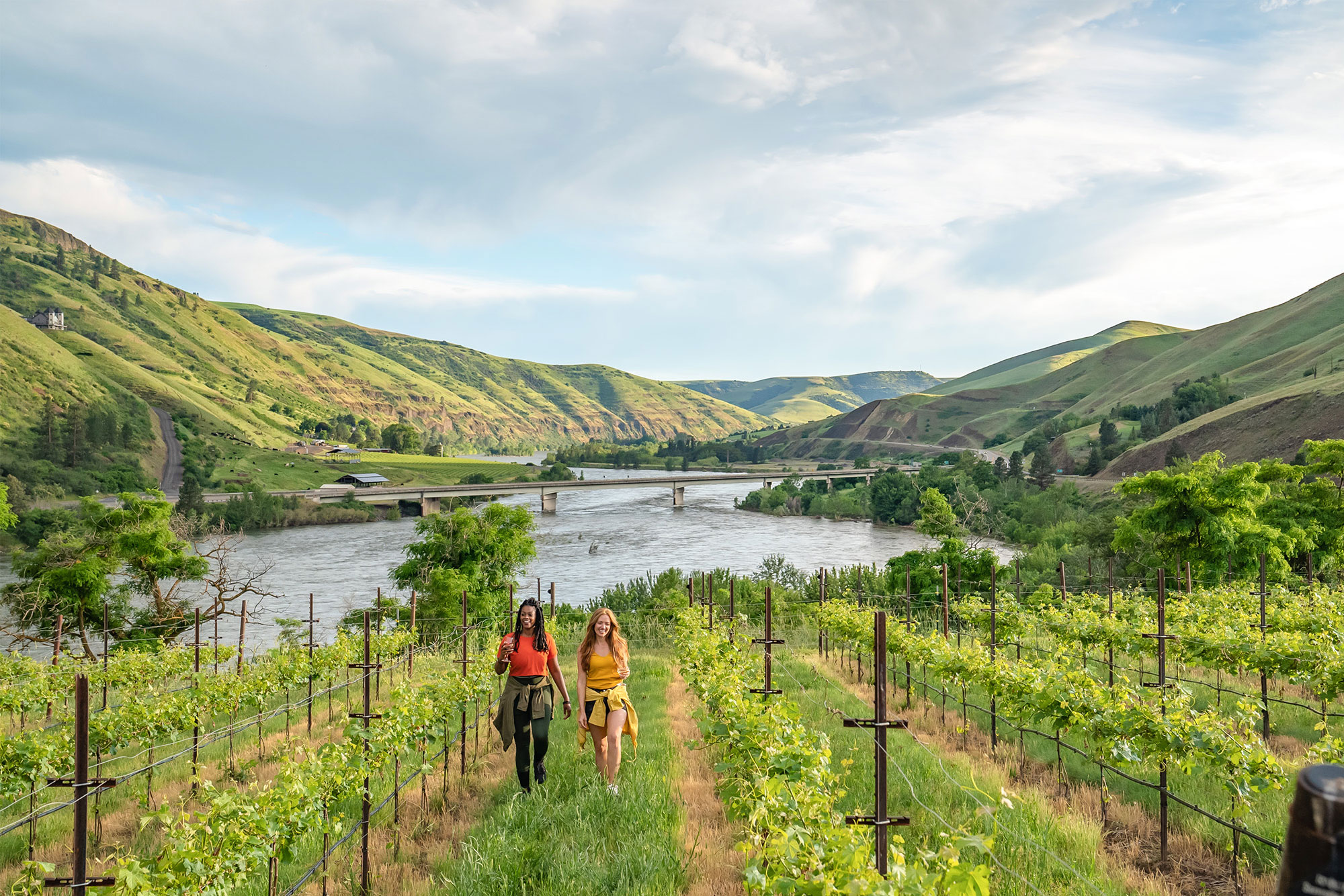 Two women walking through a vineyard with a river and mountains in the background