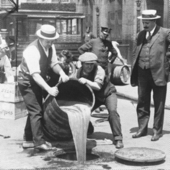 Men dumping out barrels of alcohol.